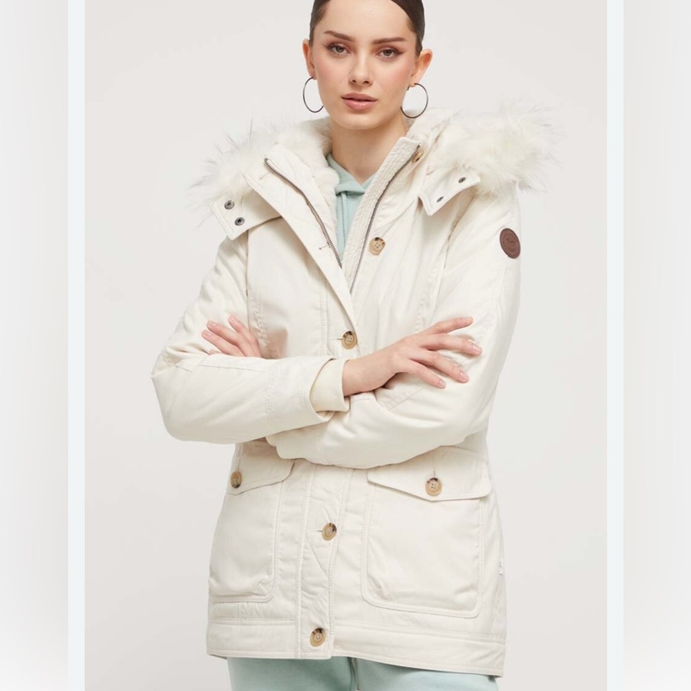 Hollister Women's Cream Fur-Trimmed parka